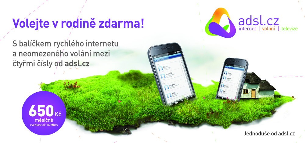 Billboard adsl.cz z roku 2011 – Volejte v rodině zdarma, balíček rychlého internetu a neomezeného volání